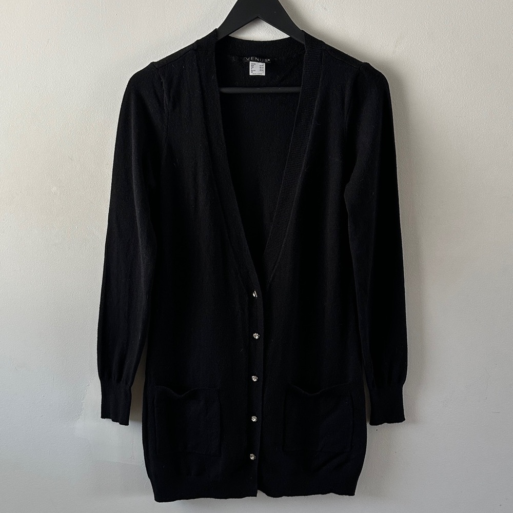 VENUS Black Long Button-Front Cardigan